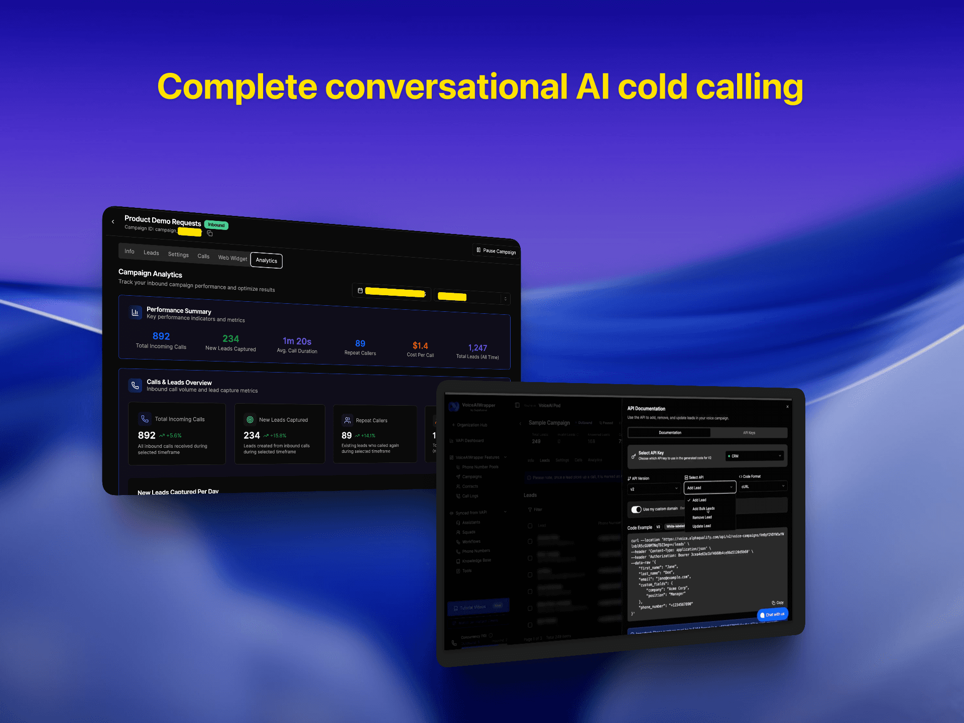 AI cold calling platform showing campaign analytics dashboard with call metrics and API documentation interface for integration| VoiceAIWrapper