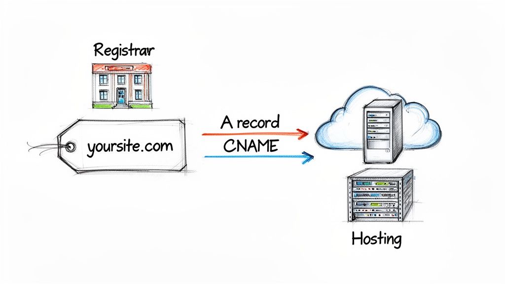 Diagram showing how a domain name (yoursite.com) from a registrar connects to hosting via A or CNAME records.