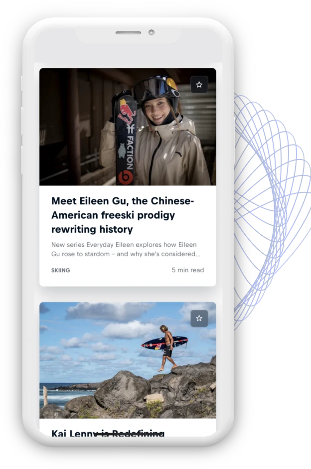 Smartphone screen displaying an article on Red Bull's website featuring Chinese-American freeskier Eileen Gu.