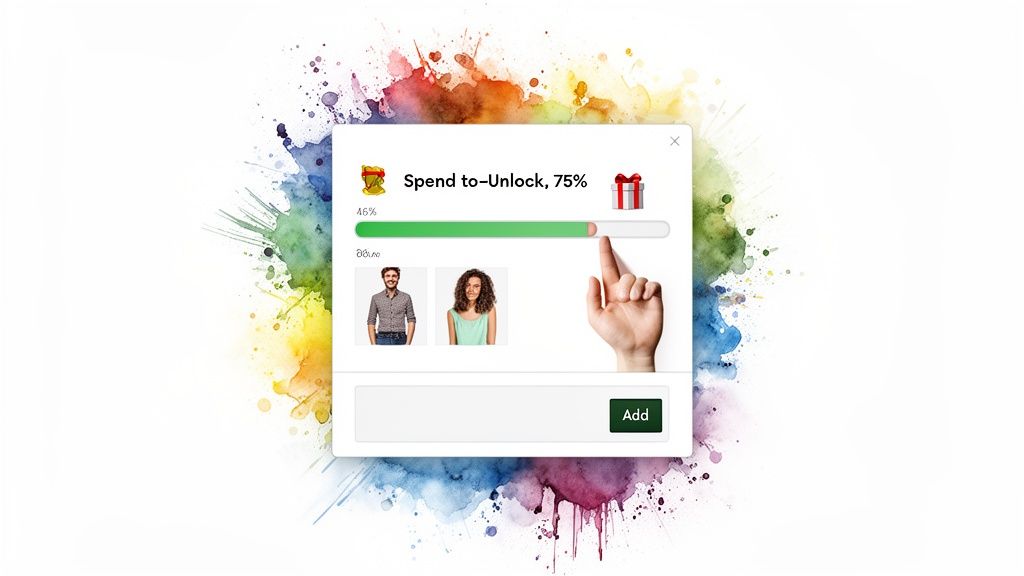 A digital pop-up window displays a 'Spend to-Unlock' progress bar, user profiles, and an Add button.