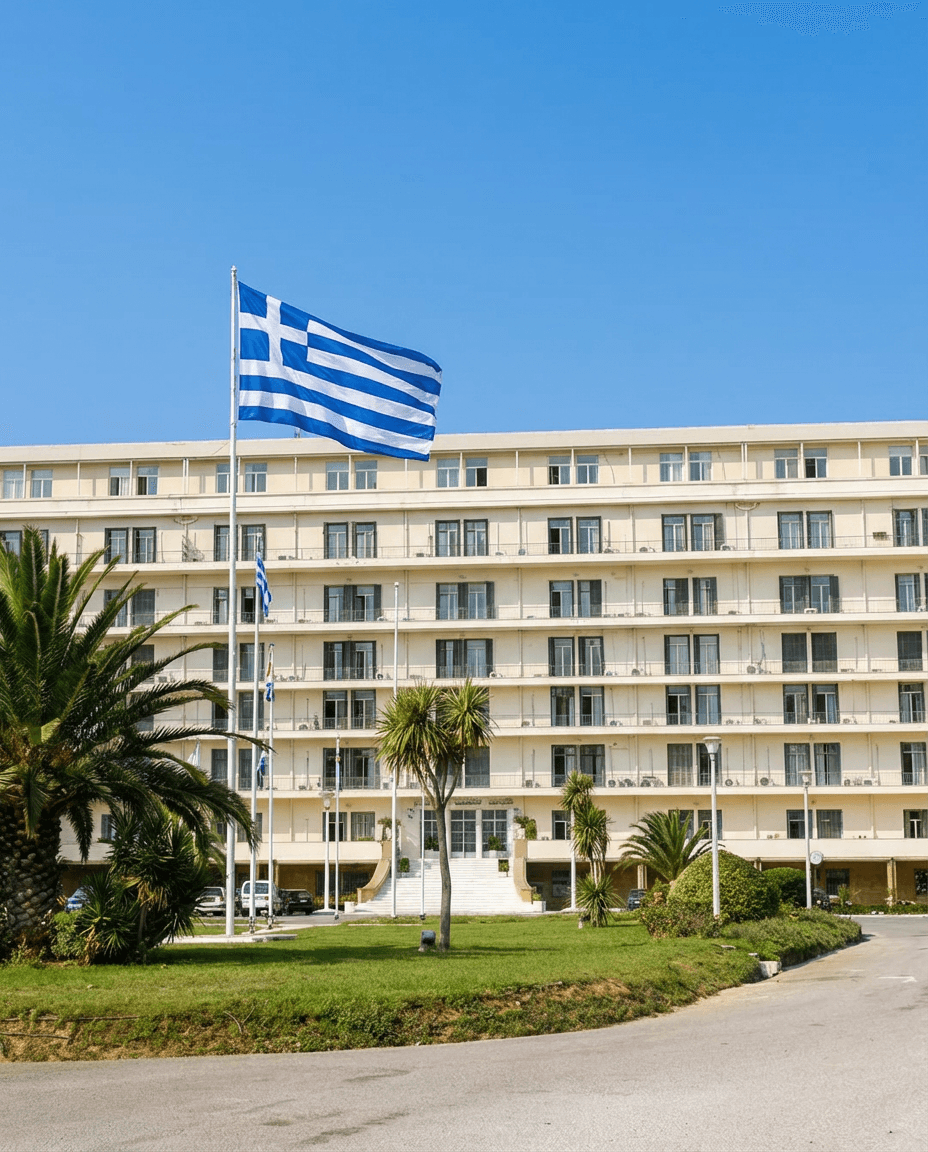 Greek Ministry of Defense building with Greek flag