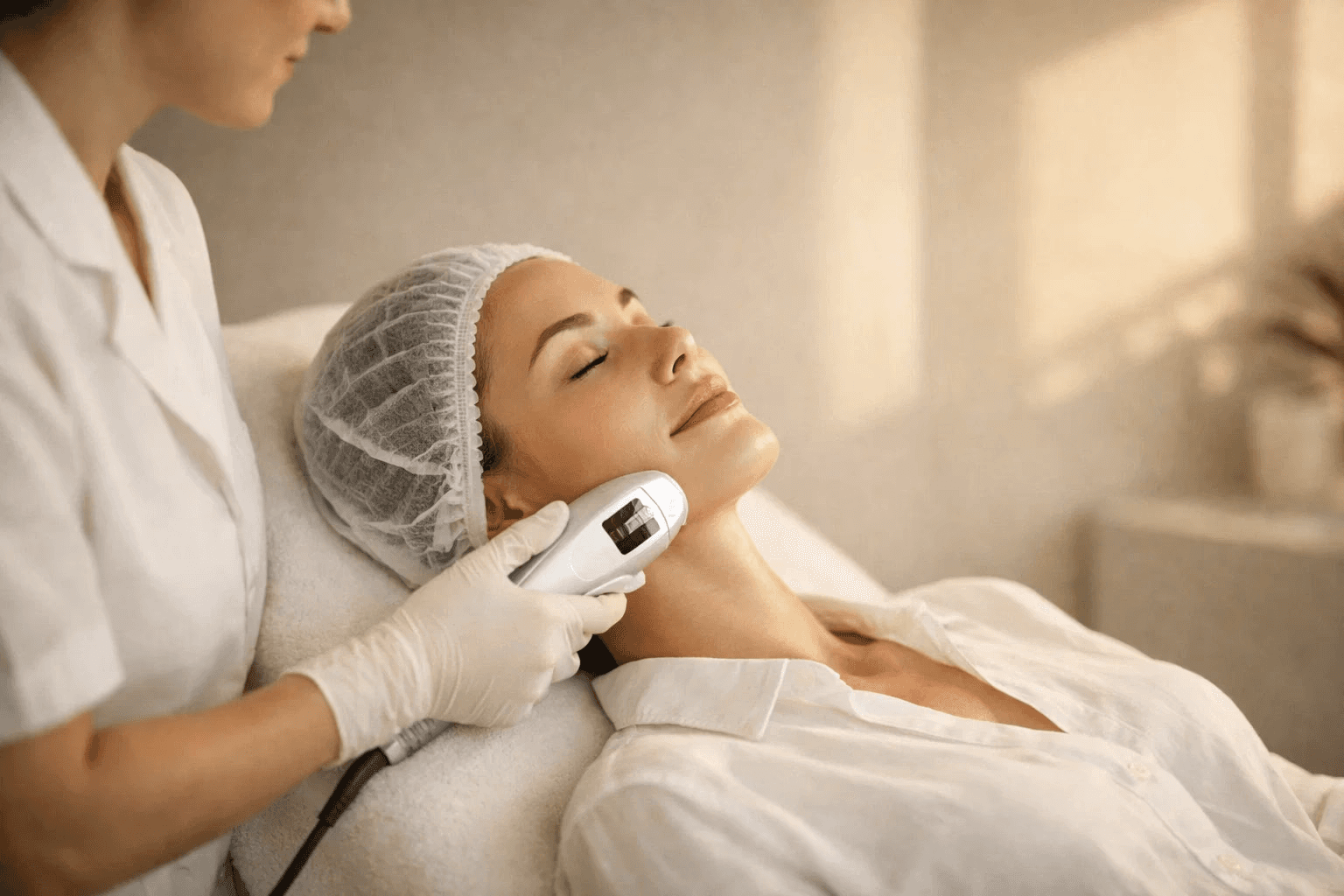 Patient receiving professional skin care treatment in dermatology clinic