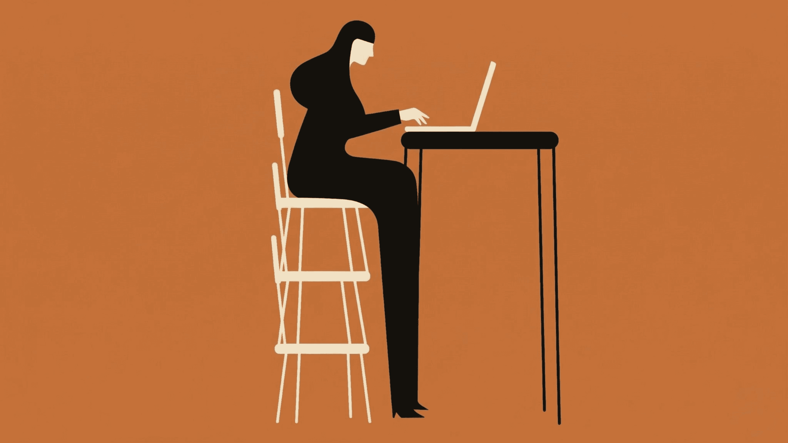 Minimalist figure at a standing desk on a laptop, black on orange background.