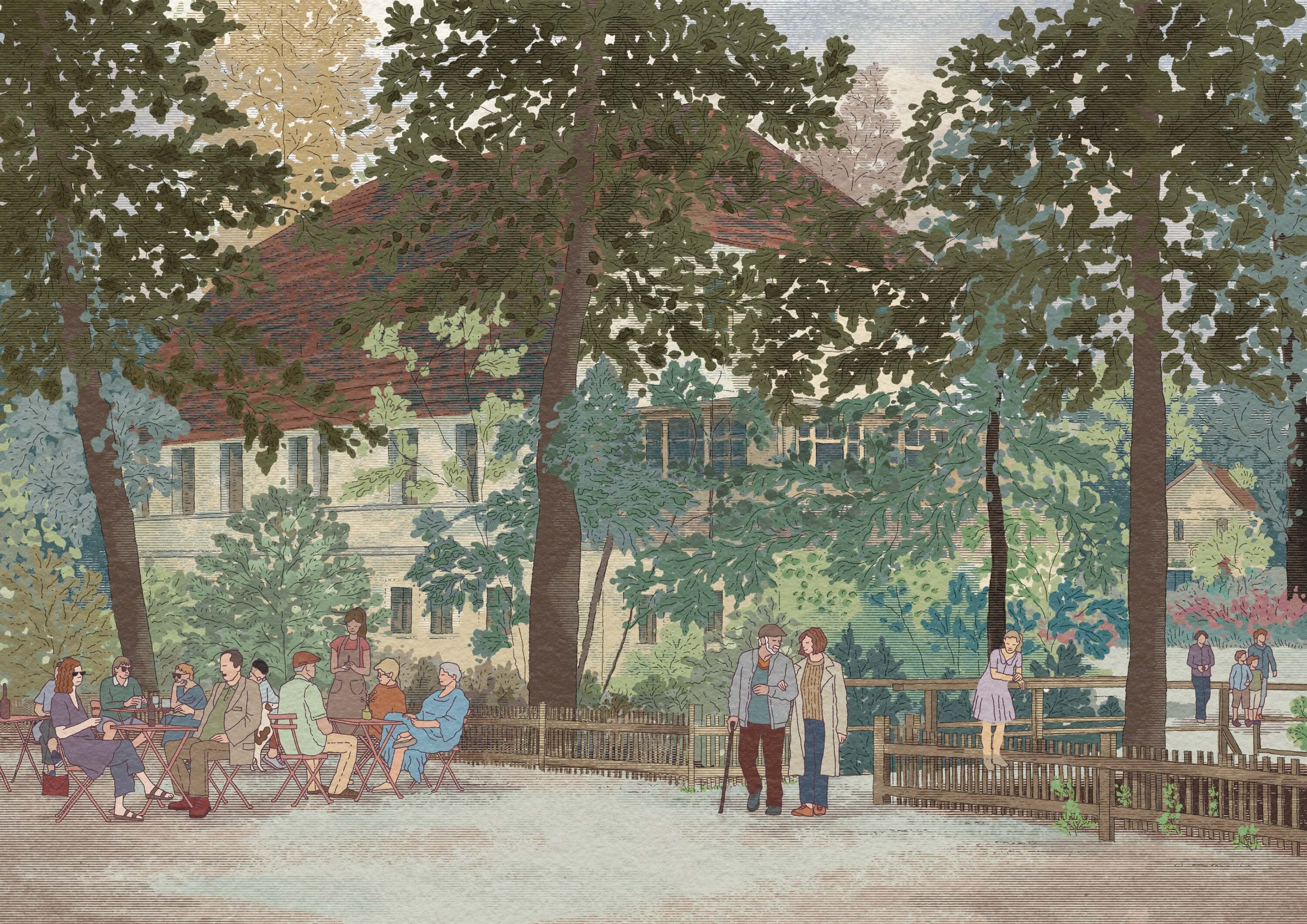 A serene landscape featuring tall trees and gentle hills, with soft colors creating a peaceful atmosphere.