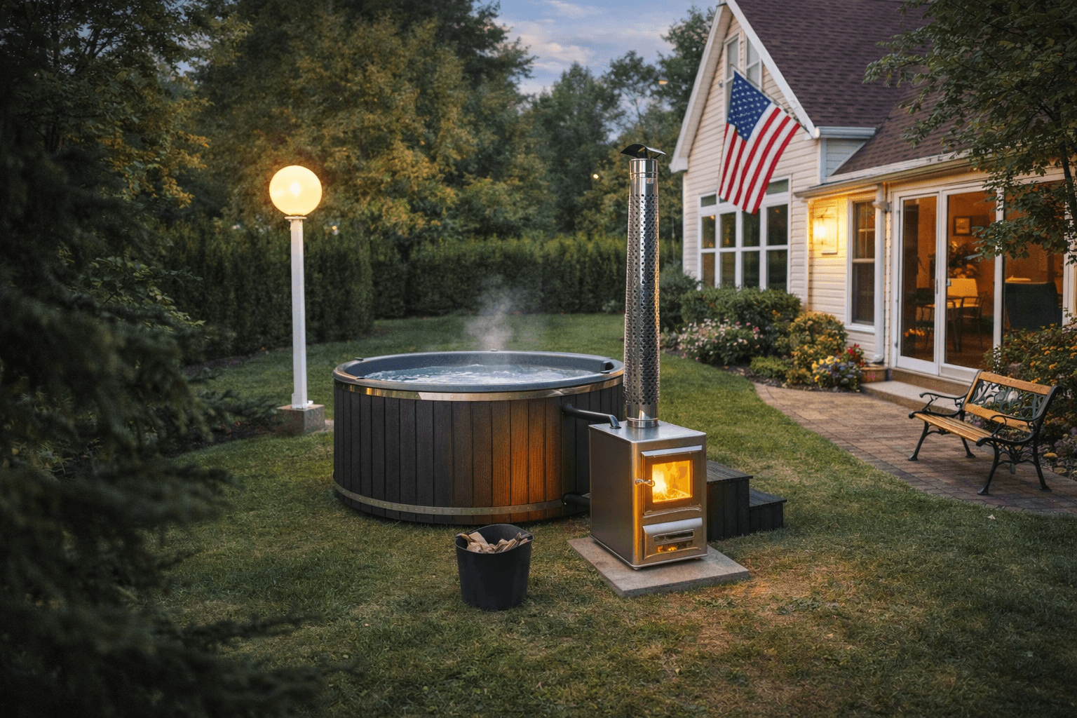 A small outdoor setup featuring a hot tub, a wooden structure, and a chimney against a cloudy sky.