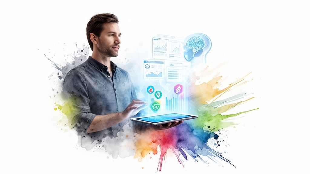 A man interacts with a holographic interface projected from a tablet displaying data analytics and AI.