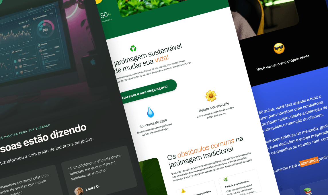 A stack of three responsive sales page templates shown on different screens, tilted and layered to highlight visual hierarchy. The interfaces feature clear call-to-action buttons, structured typography, and conversion-oriented layouts. This visualization demonstrates a modular design system created to eliminate setup friction and drive immediate user activation through ready-to-use sales pages.