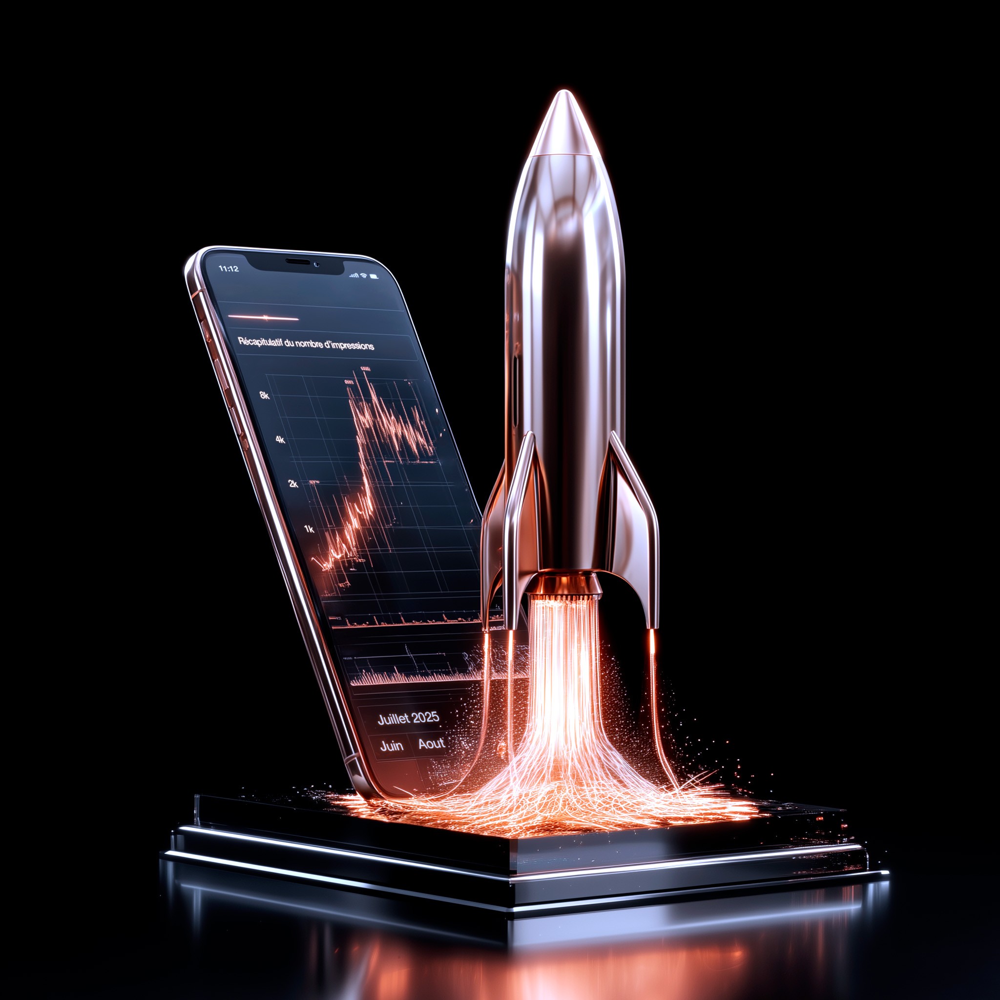 Illustration conceptuelle de la croissance et du succès en ligne, symbolisant le 'tremplin de votre présence digitale'. L'image montre un smartphone en verre (iPhone) affichant un graphique de performance avec une courbe ascendante spectaculaire (augmentation du nombre d'impressions). Une fusée au fini chrome et cuivré décolle d'une base noire, utilisant l'écran du téléphone comme rampe de lancement. La flamme de décollage, lumineuse et cuivrée, représente l'accélération et le boost de visibilité. Ce visuel est une métaphore de l'expertise de Nux-Studio en stratégie digitale, référencement (SEO), performance de site web et réseaux sociaux, mettant en évidence l'explosion de l'audience et du nombre d'impressions.