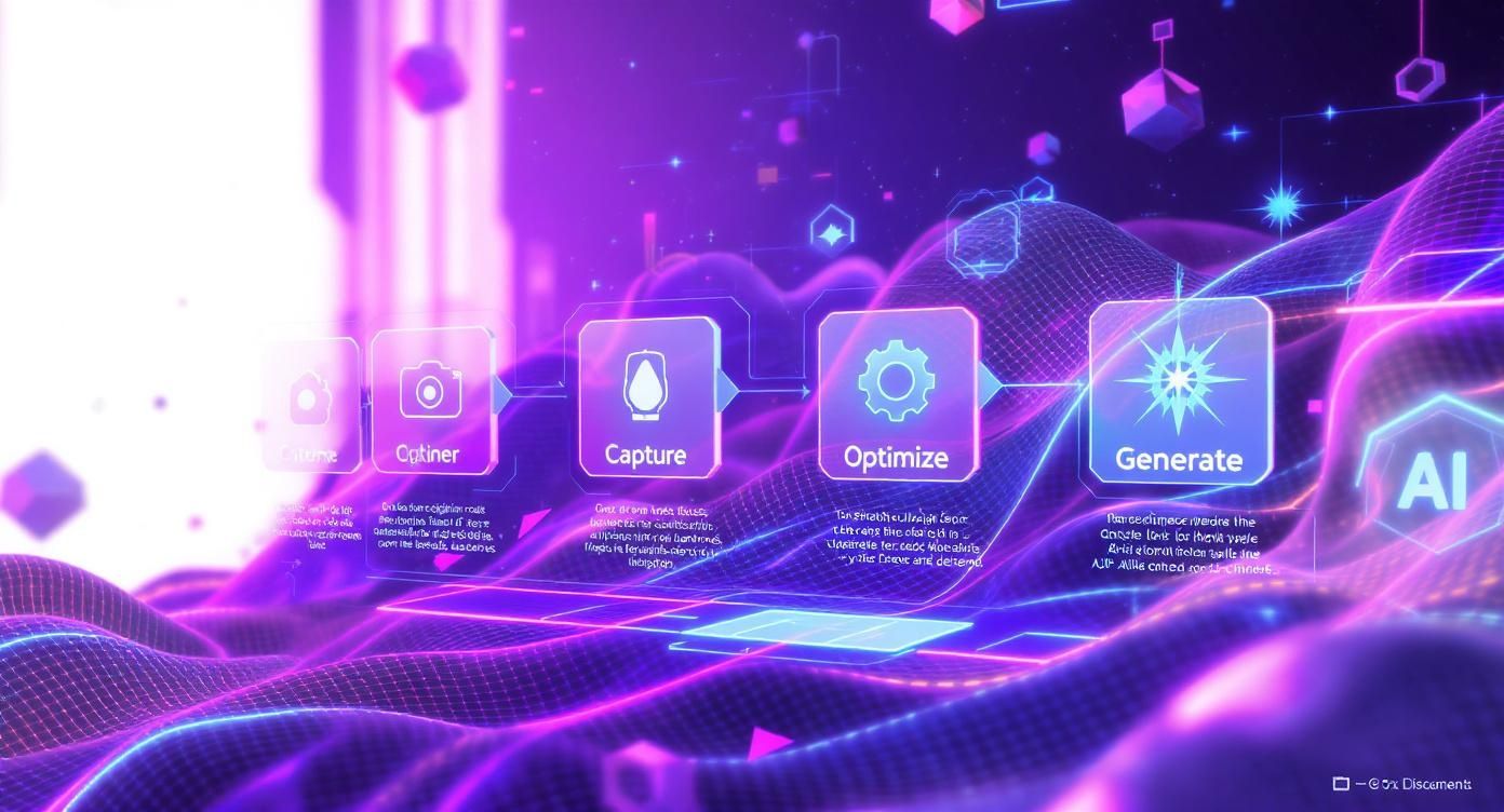 Futuristic digital workflow graphic showing 'Capture', 'Optimize', 'Generate' steps leading to AI.