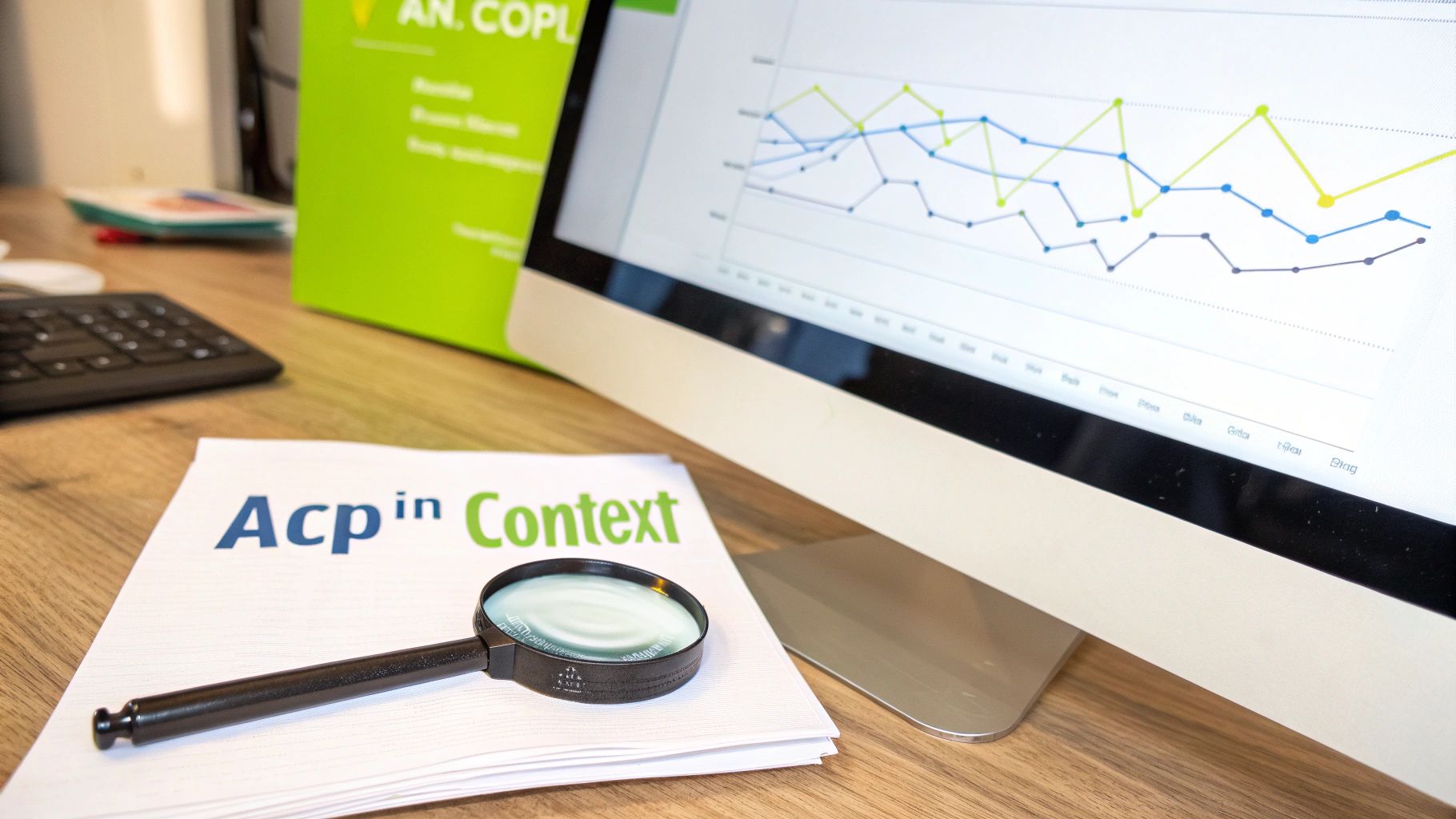 A workspace with a computer displaying a line graph, a document, and a magnifying glass on a wooden desk.