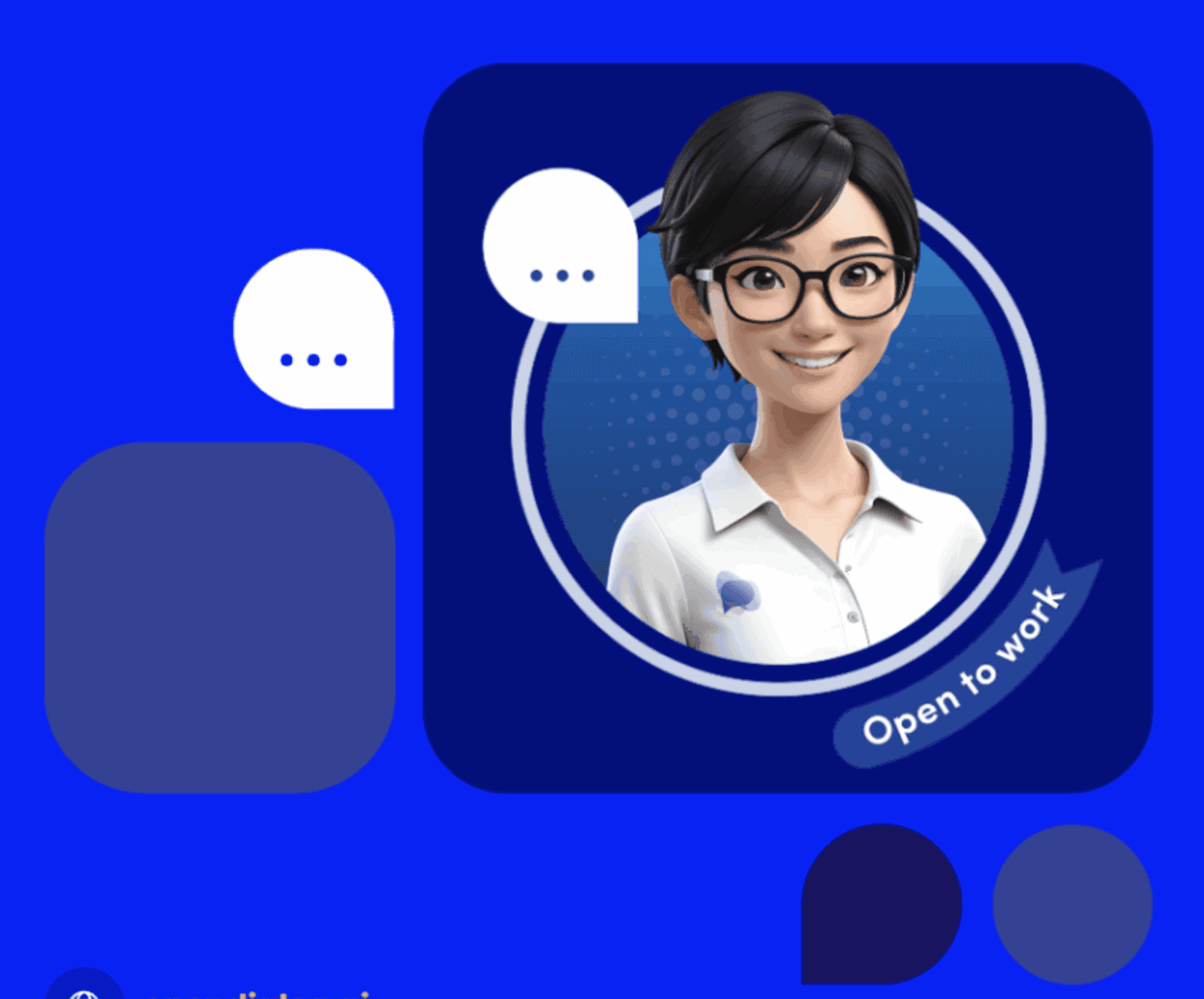 An AI agent with short dark hair and glasses smiling 