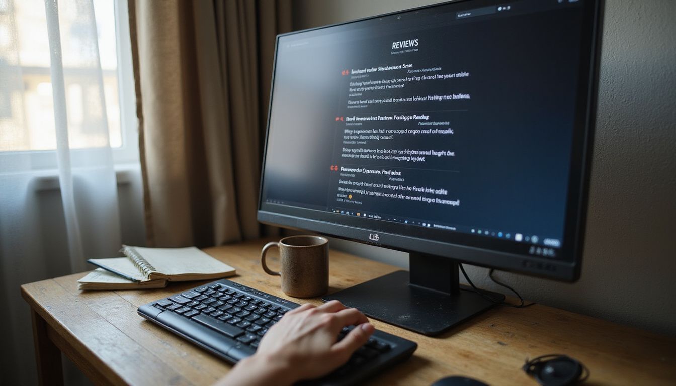 A cluttered desk with a monitor displaying suspicious online reviews.