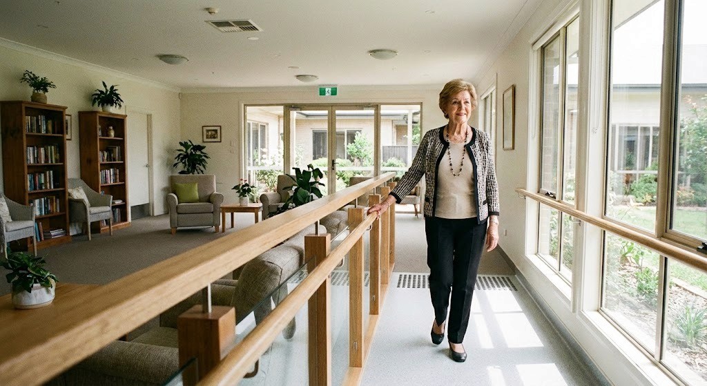 Safe and well-maintained aged care facility hallway with an elderly resident, highlighting effective facility management and maintenance standards.