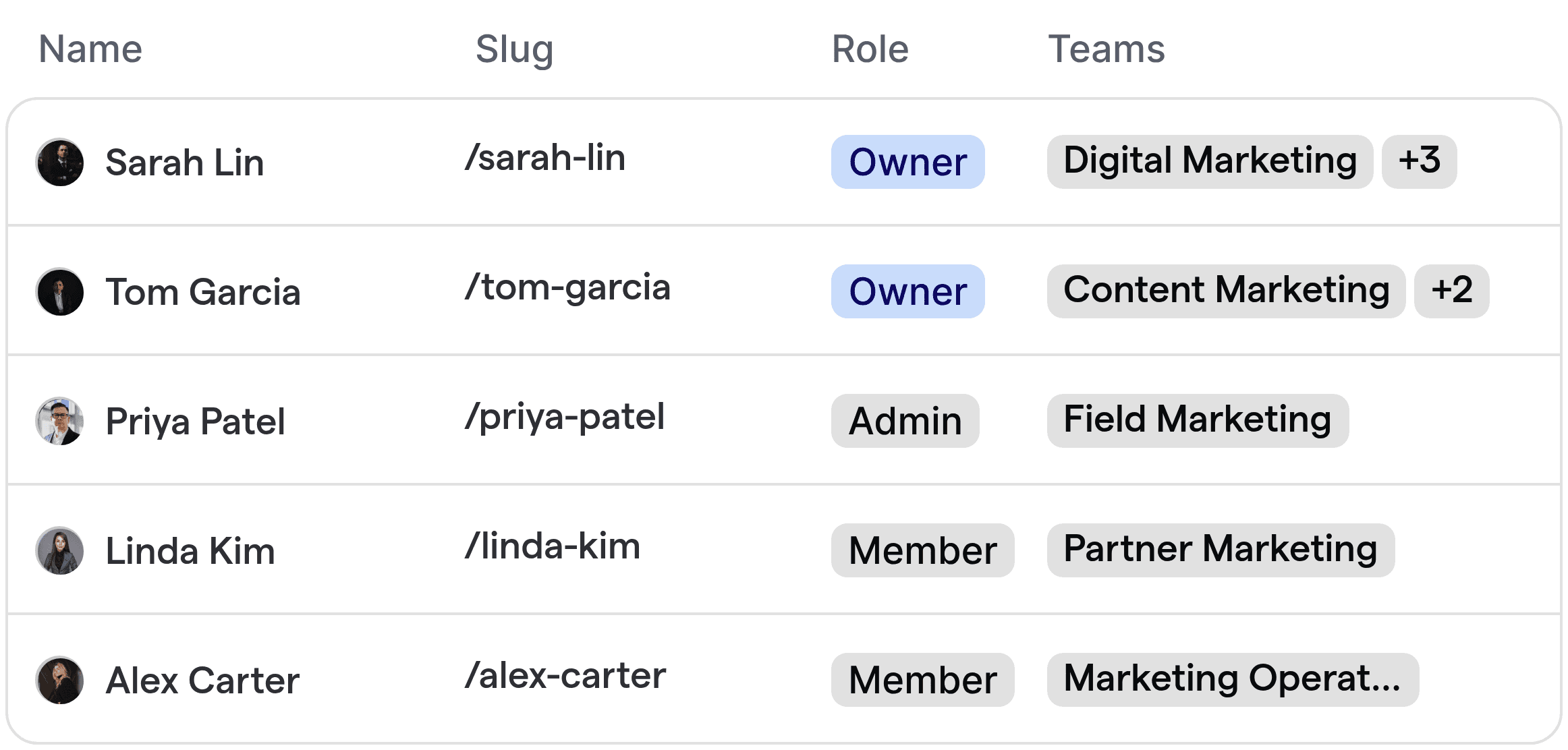 A table displaying marketing team members with their roles, slugs, and teams such as Digital Marketing and Content Marketing. Each row includes the individual's name, role, and associated campaign team.