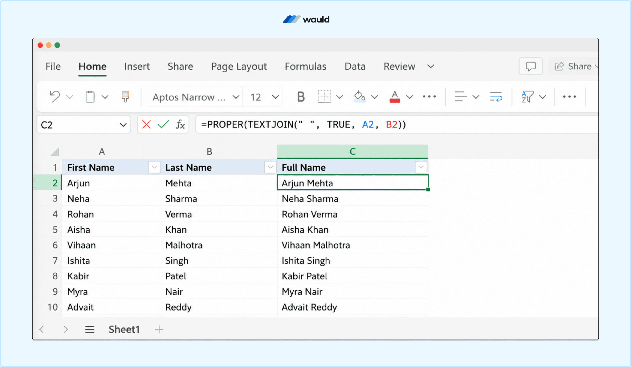 Screenshot of an Excel worksheet using the PROPER(TEXTJOIN()) formula to combine first and last names while automatically capitalizing each word. The formula =PROPER(TEXTJOIN(" ", TRUE, A2, B2)) is displayed in the formula bar, with the resulting Full Name column showing properly formatted names. The Wauld logo appears at the top of the image.