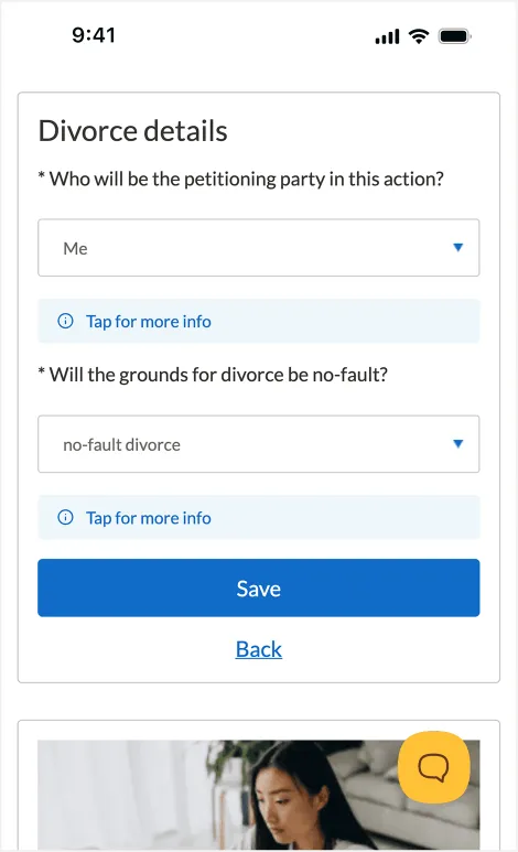 Online divorce details form displayed on a phone screen.