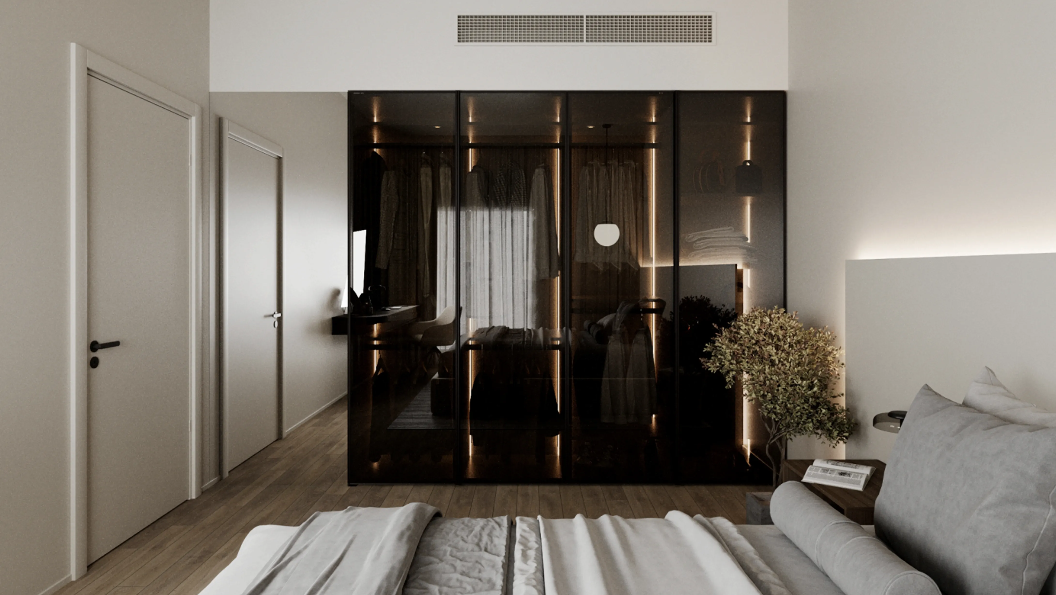 Minimalistic view on a shiny wardrobe in a bedroom.