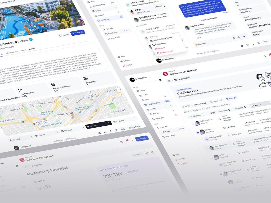 Multi-section HR dashboard of DryKing with job details, map integration, messaging, and candidate pool overview