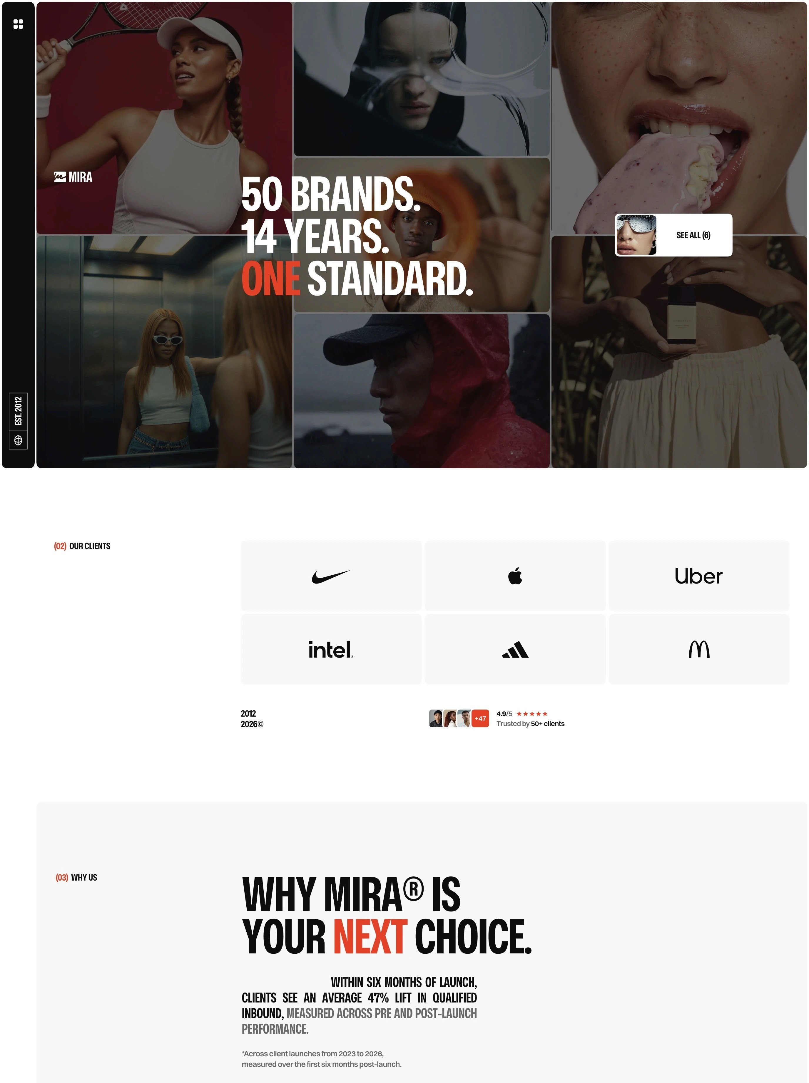 Mira studio template homepage featuring large display typography and red accents