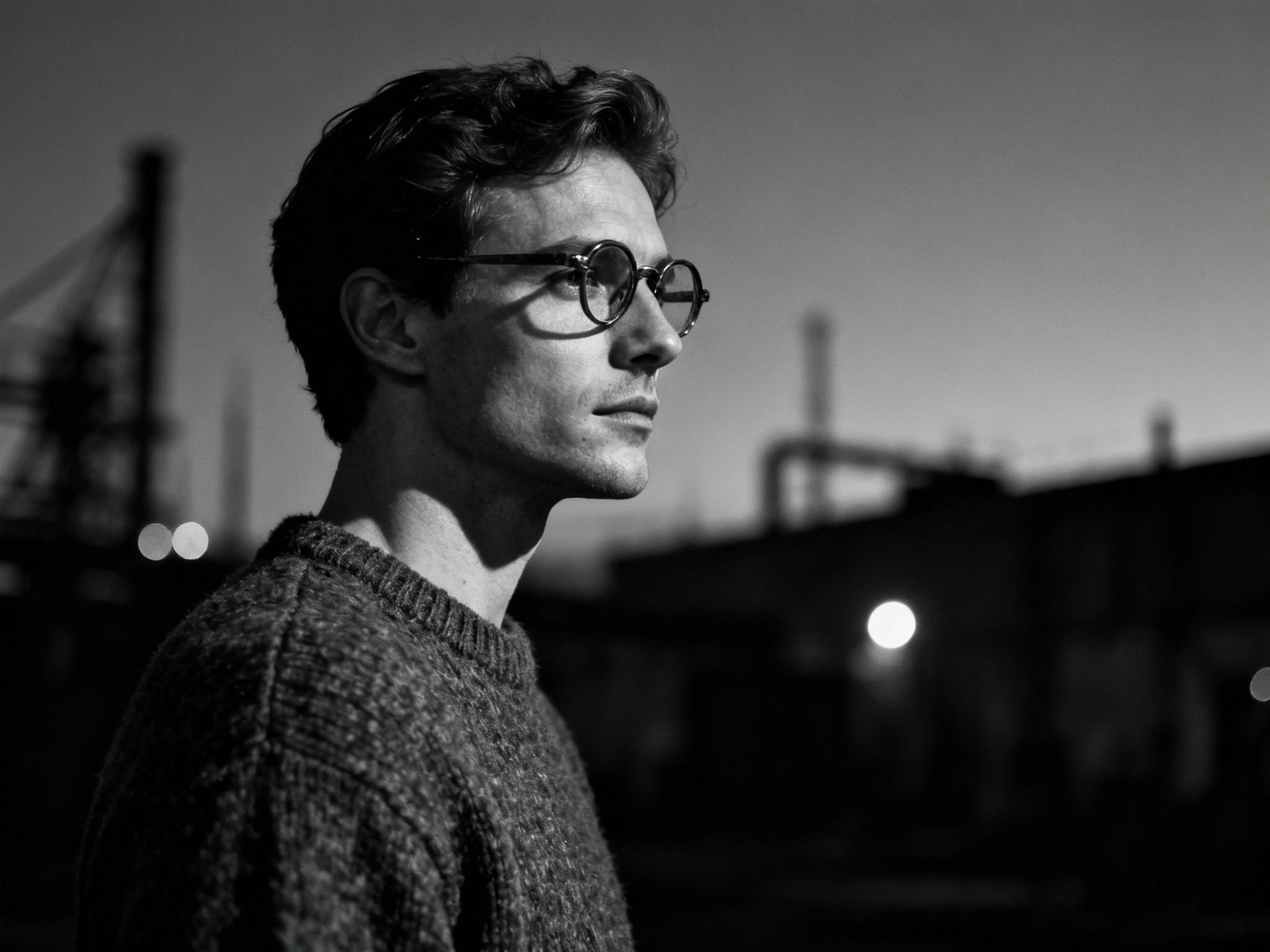 An artistic editorial-style profile shot of a man wearing vintage glasses and a textured sweater