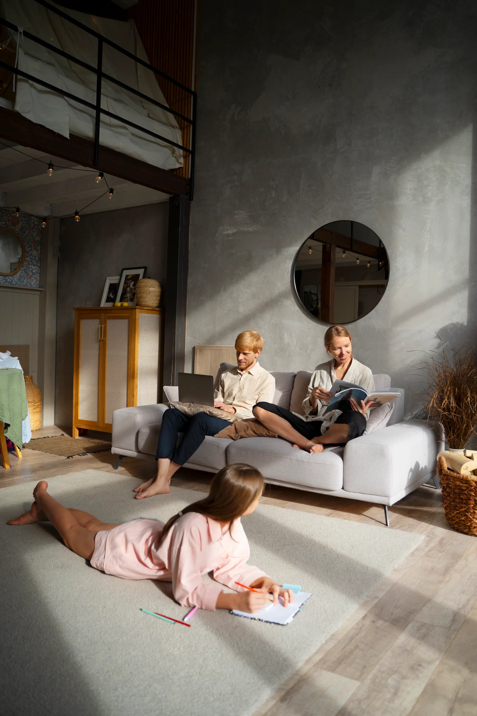 Couple relaxing on a white sofa in a bright modern living room