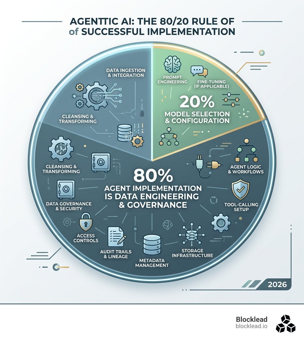Infographic showing the 80/20 rule: 80% of agent implementation is data engineering and governance - agentic ai startups