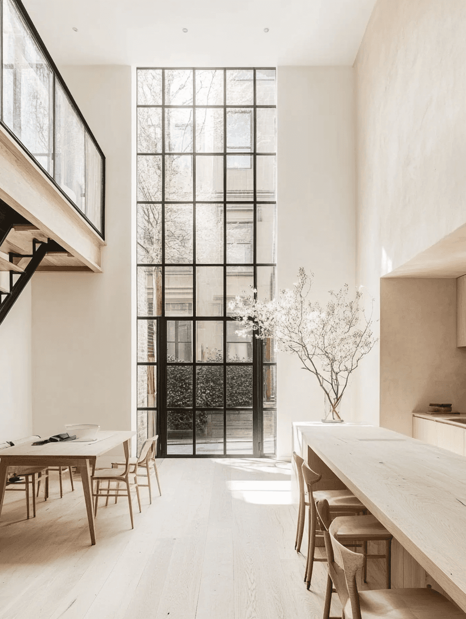 Modern dining table with chairs in sunlit room