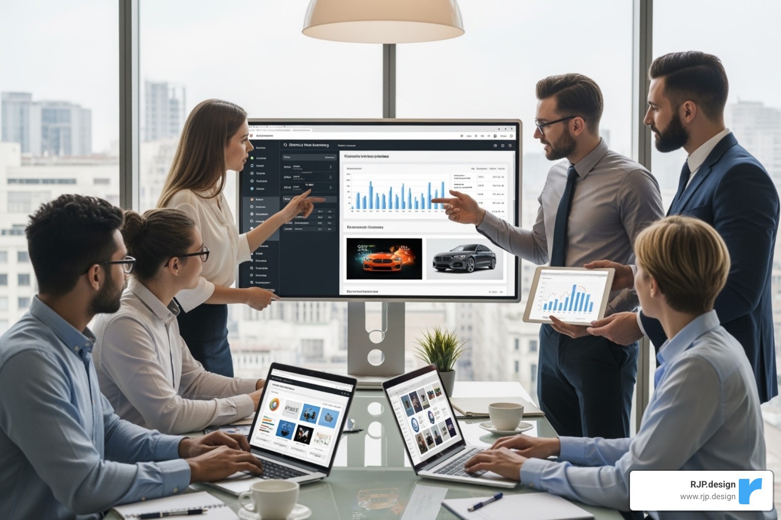 team collaborating on a digital marketing strategy for a car brand - digital marketing services for automotive