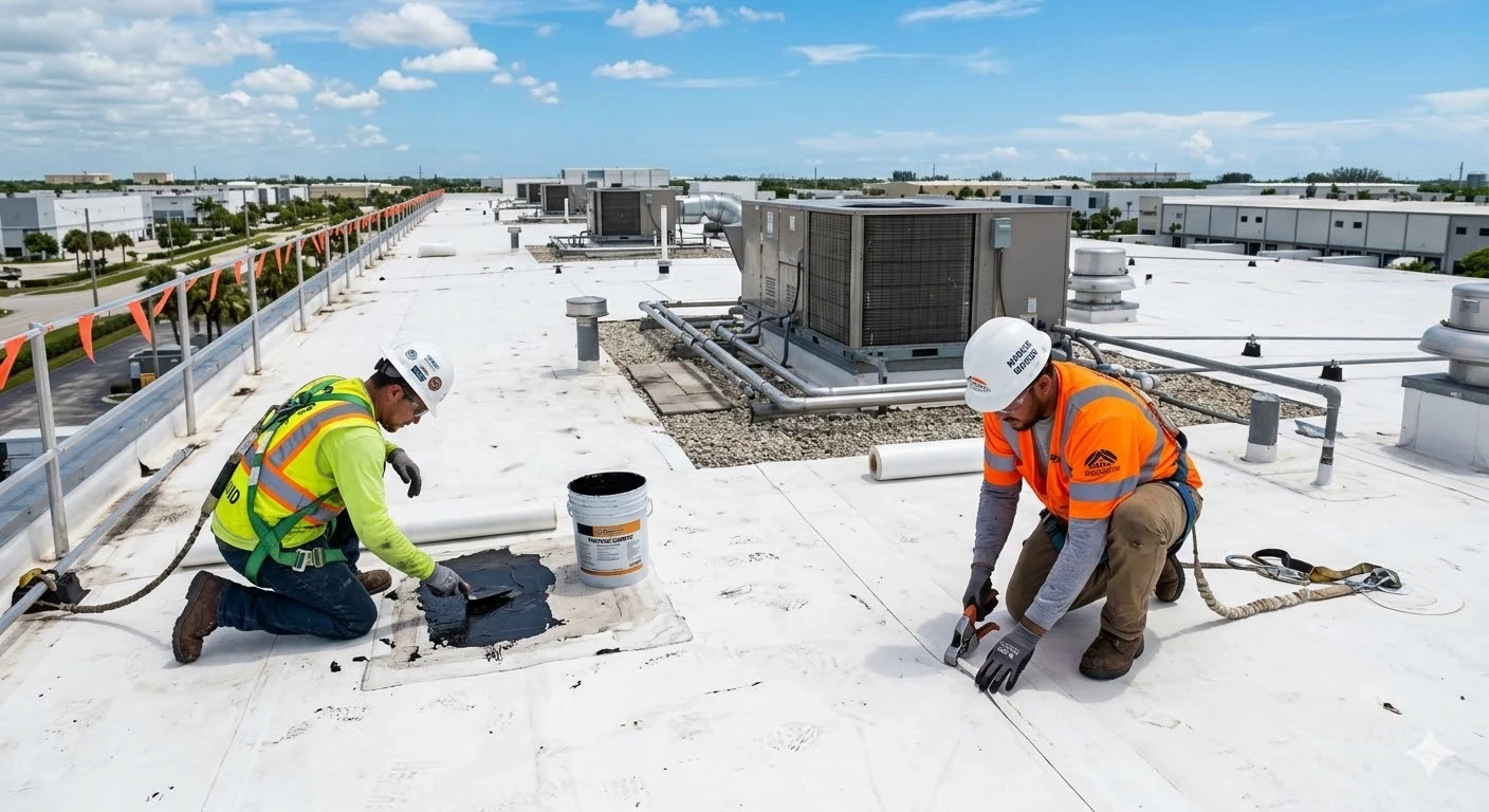 Commercial roof maintenance South Florida — Roofing Network technician performing scheduled inspection and drain clearing on commercial flat roof