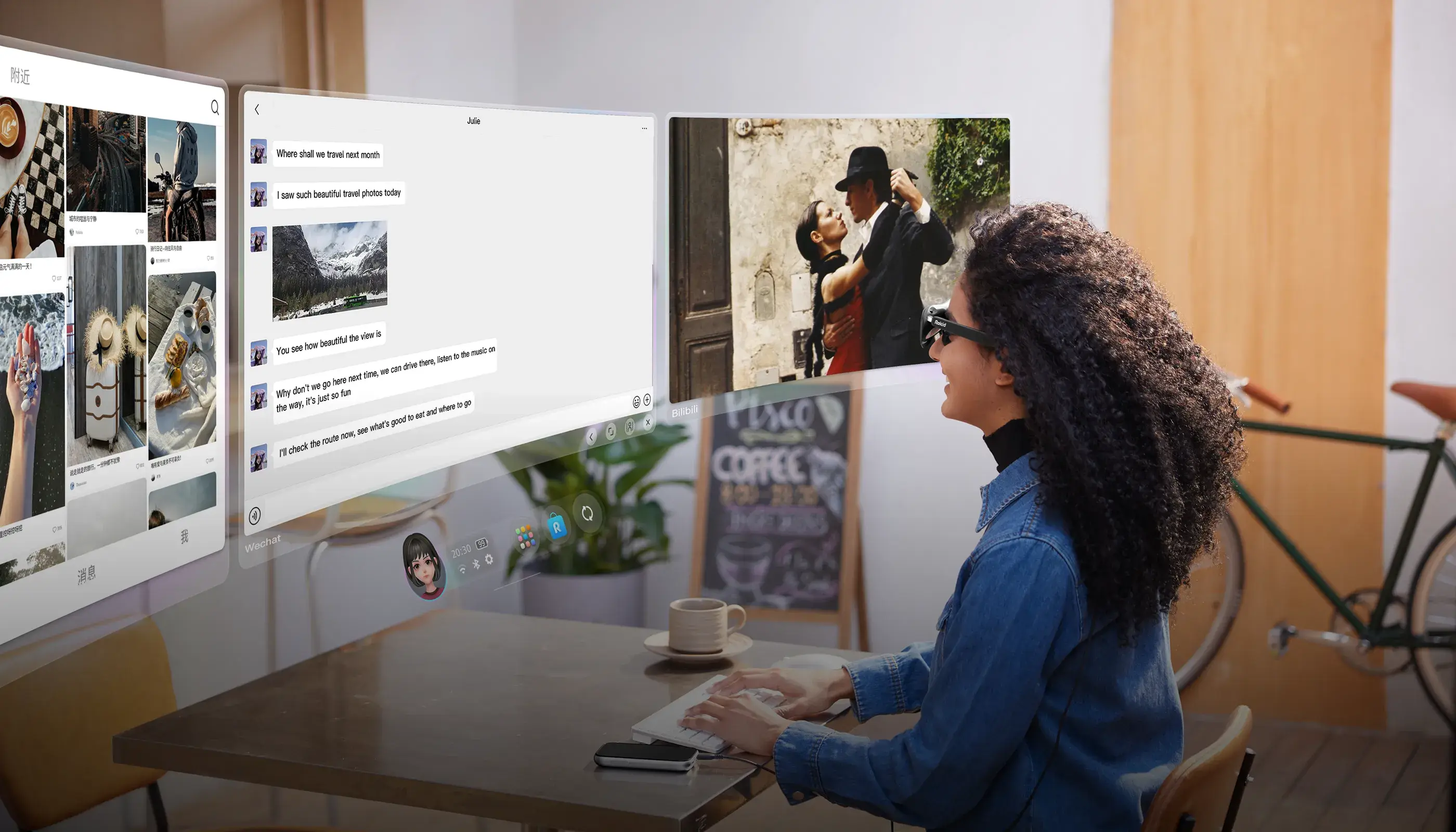A woman wearing slim AR glasses sits at a desk as multiple virtual screens float around her, showing a WeChat conversation, a photo gallery and a video. She continues typing at a physical keyboard, illustrating smart glasses as a multi-window desktop extension.