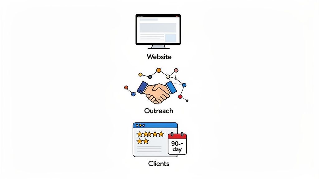 Illustration showing a website, outreach networking with a handshake, and clients with 5-star reviews and a 90-day period.