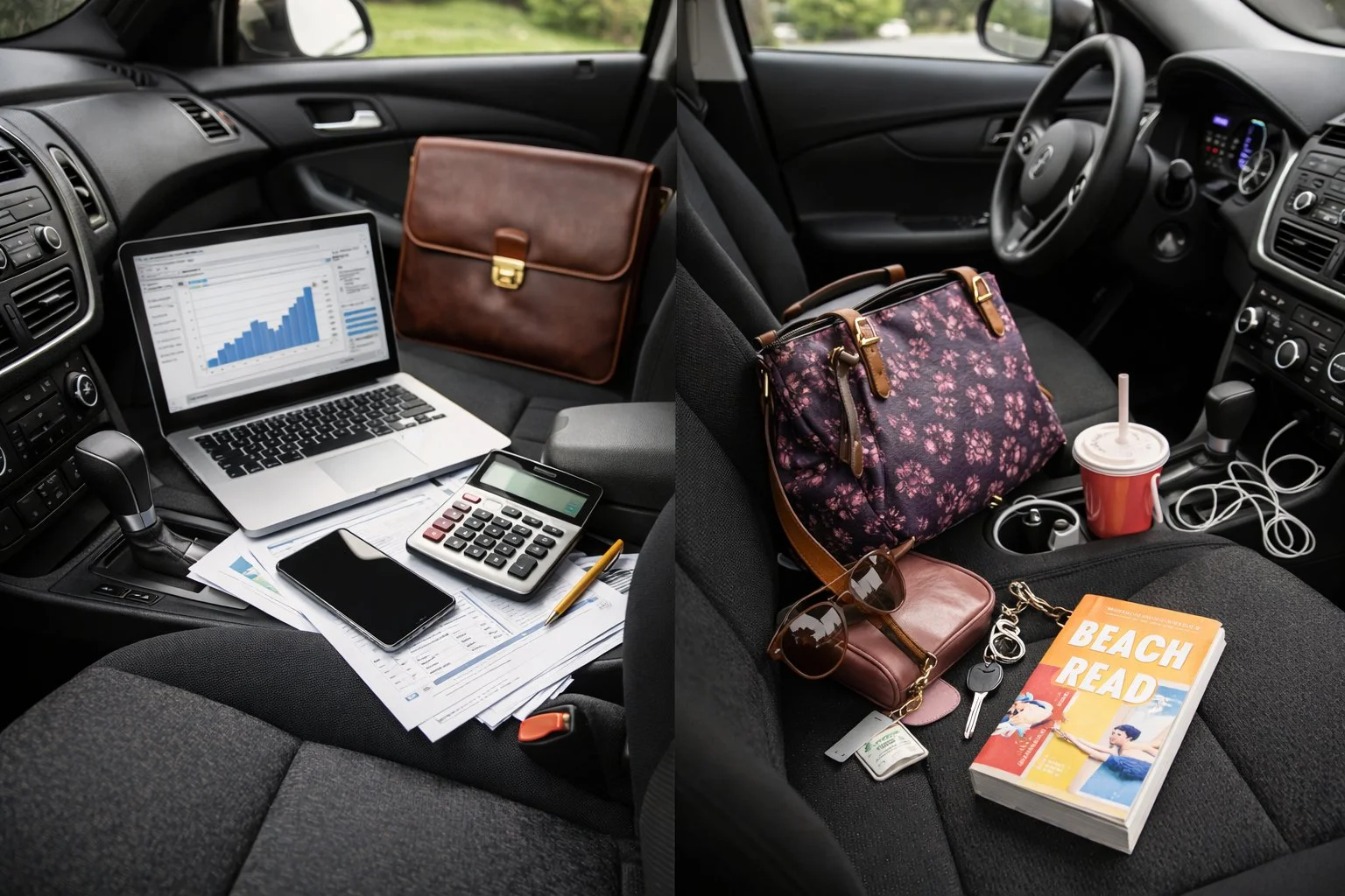 Shared vehicle interior showing business tools on one side and personal items on the other, representing mixed business and personal use.