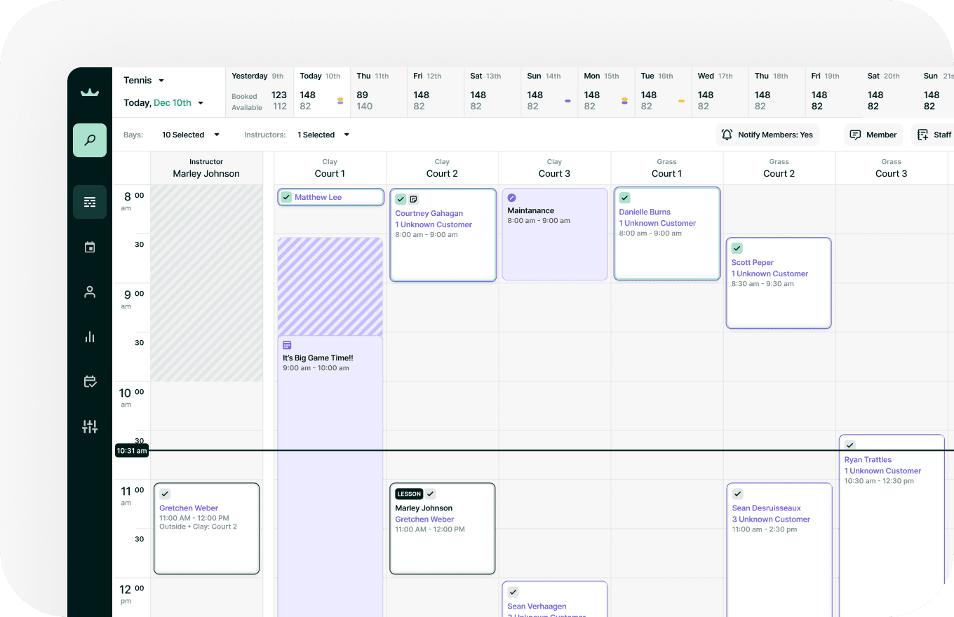 ablet displaying a digital court sheet for racquet club reservations