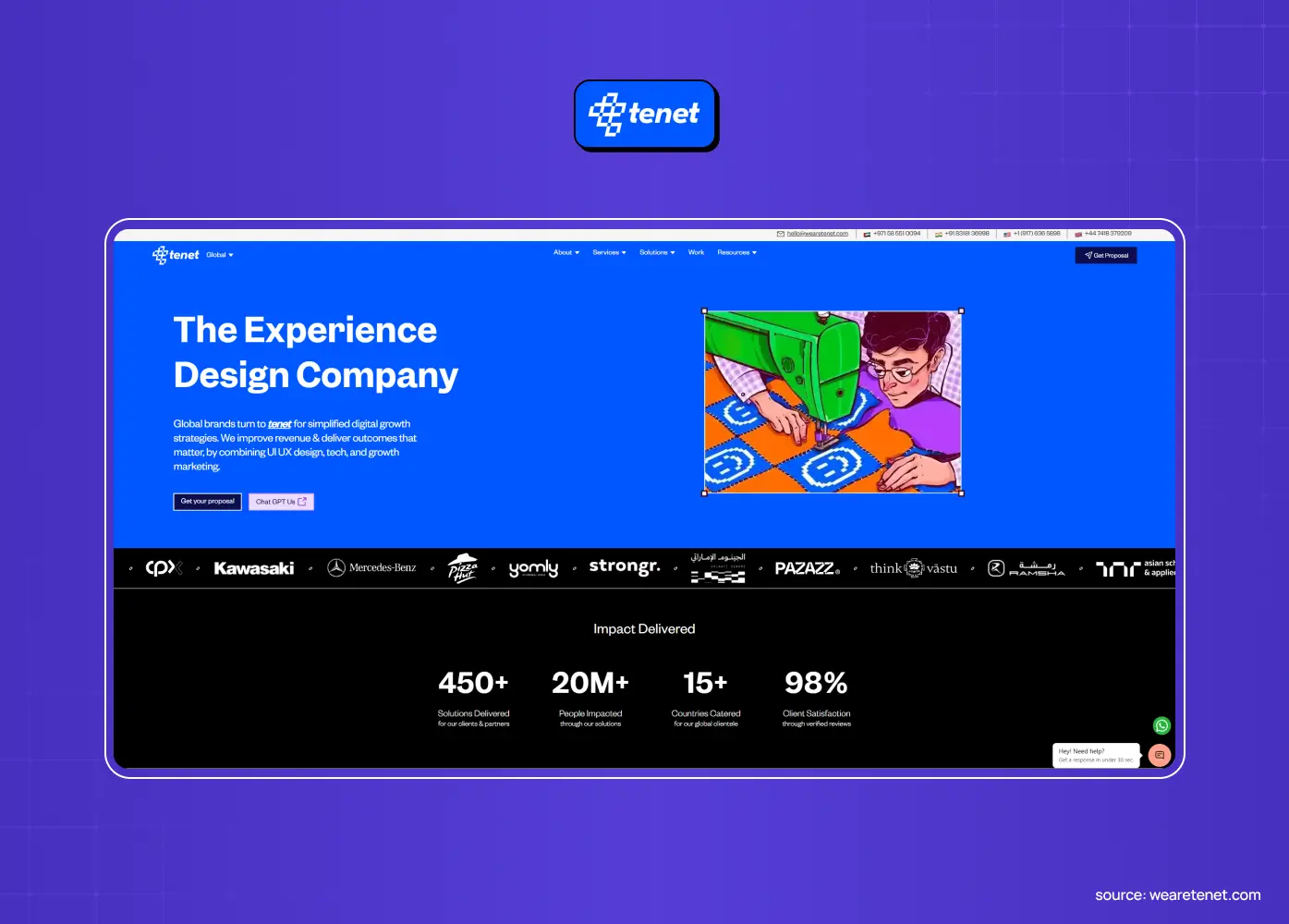 Tenet homepage with the headline “The Experience Design Company”, a client logo row and four impact figures: 450+ solutions delivered, 20M+ people impacted, 15+ countries covered and 98% client satisfaction.