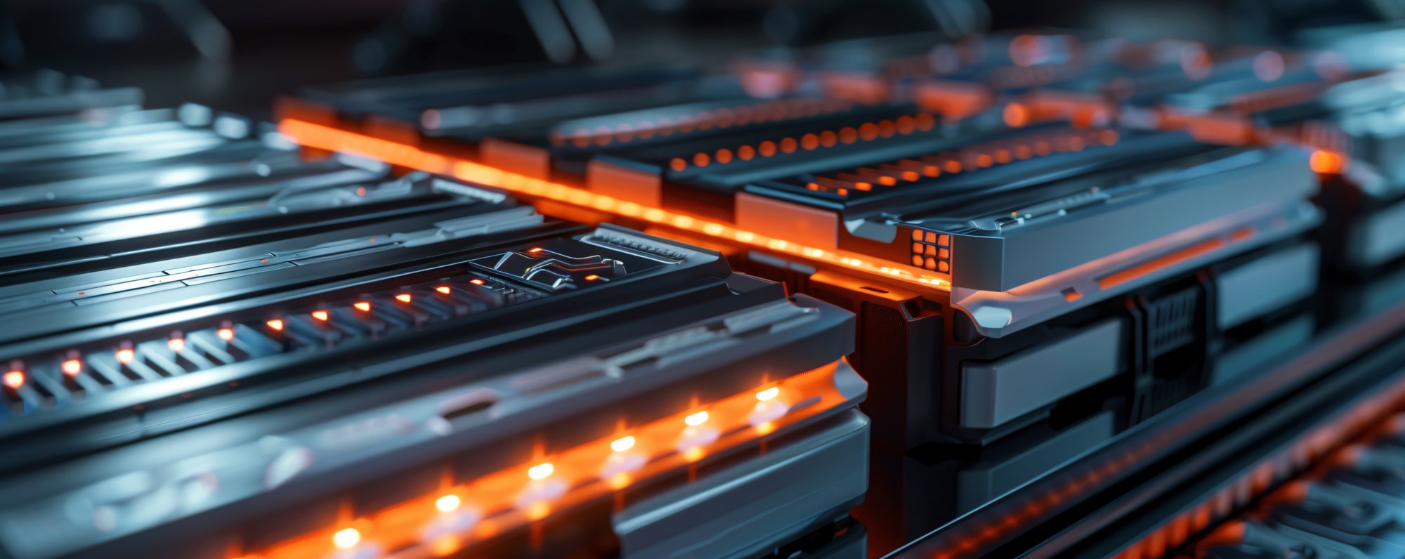 A close-up view of glowing metal bars, showcasing a vibrant orange glow against a dark, industrial background.