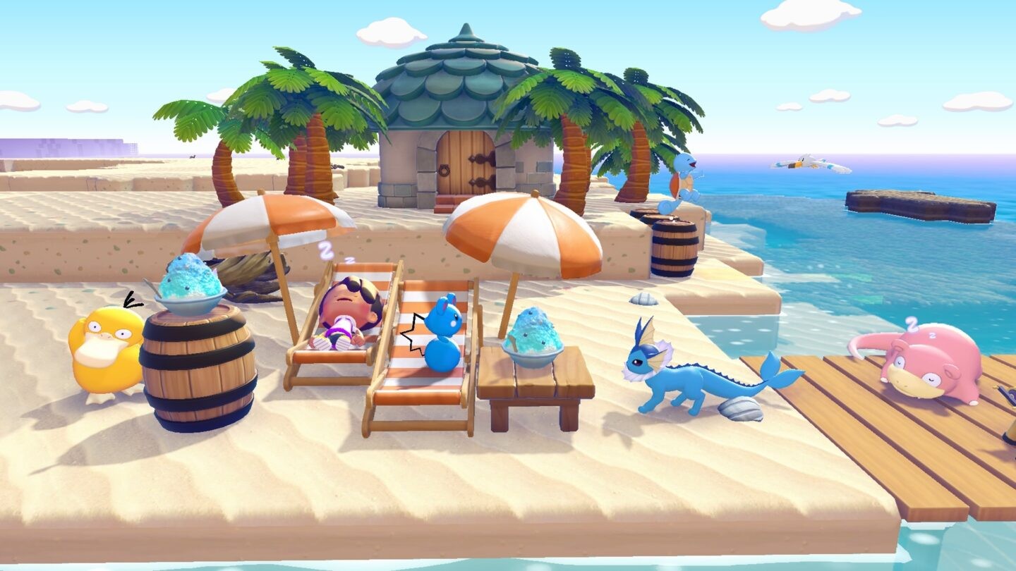 Scène de détente sur la plage dans Pokémon Pokopia avec personnages et Pokémon profitant du soleil dans un environnement coloré et relaxant