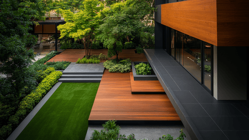 Modern glass buildings with illuminated facades and trees on a rainy day