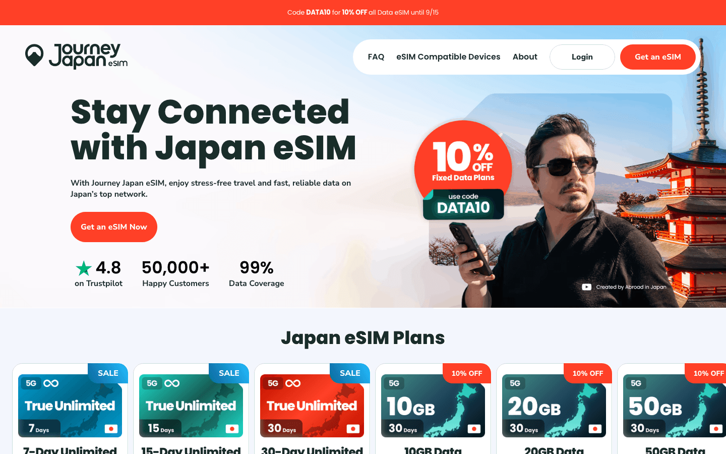 Journey Japan eSIM homepage showing True Unlimited 5G and fixed data Japan eSIM plans