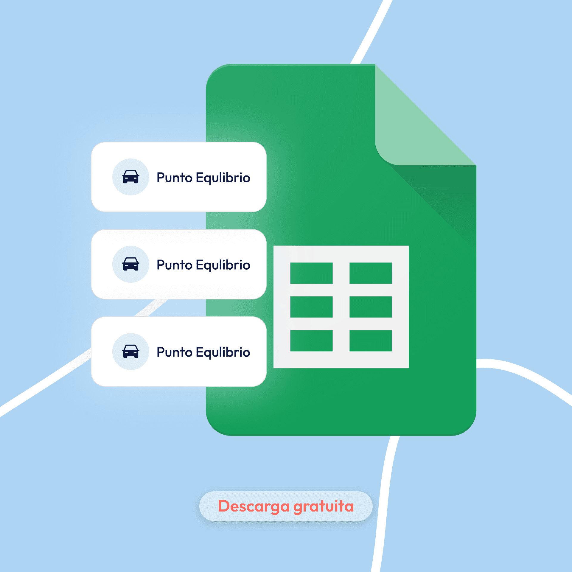 Google Sheets illustration with data, "Punto Equilibrio" labels, and a download button.