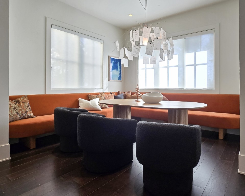 Image of KHD Homes design-build dining room with layout design, furniture, and window coverings for luxury home renovations.