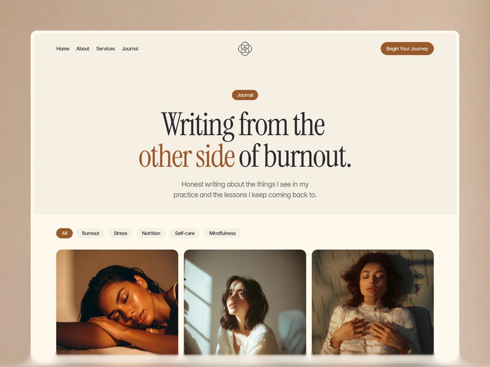 Website with a calming theme on burnout recovery and mindfulness.