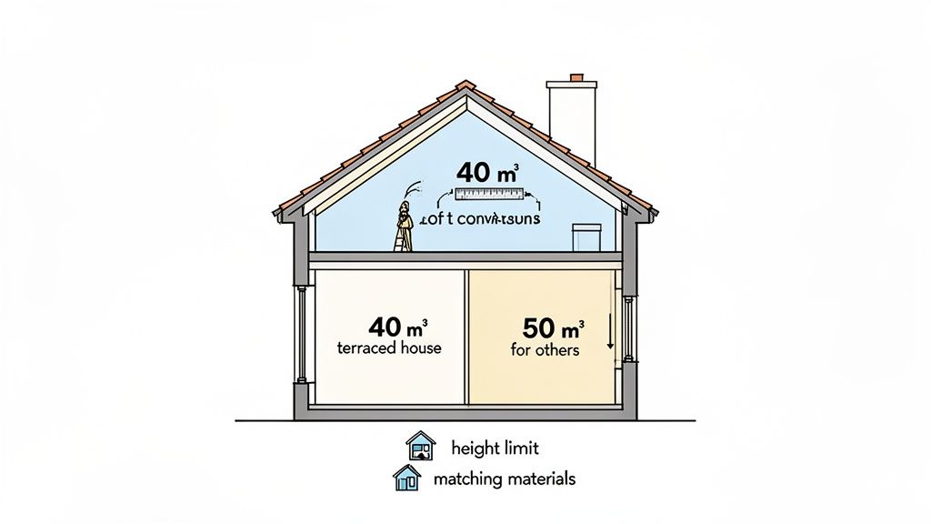 Cross-section diagram of a house showing volume limits for a loft conversion, terraced house, and other areas.
