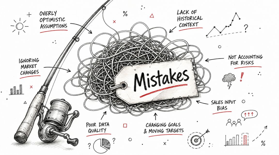 A hand-drawn illustration showing a fishing rod tangled in a mess labeled Mistakes representing sales planning errors.