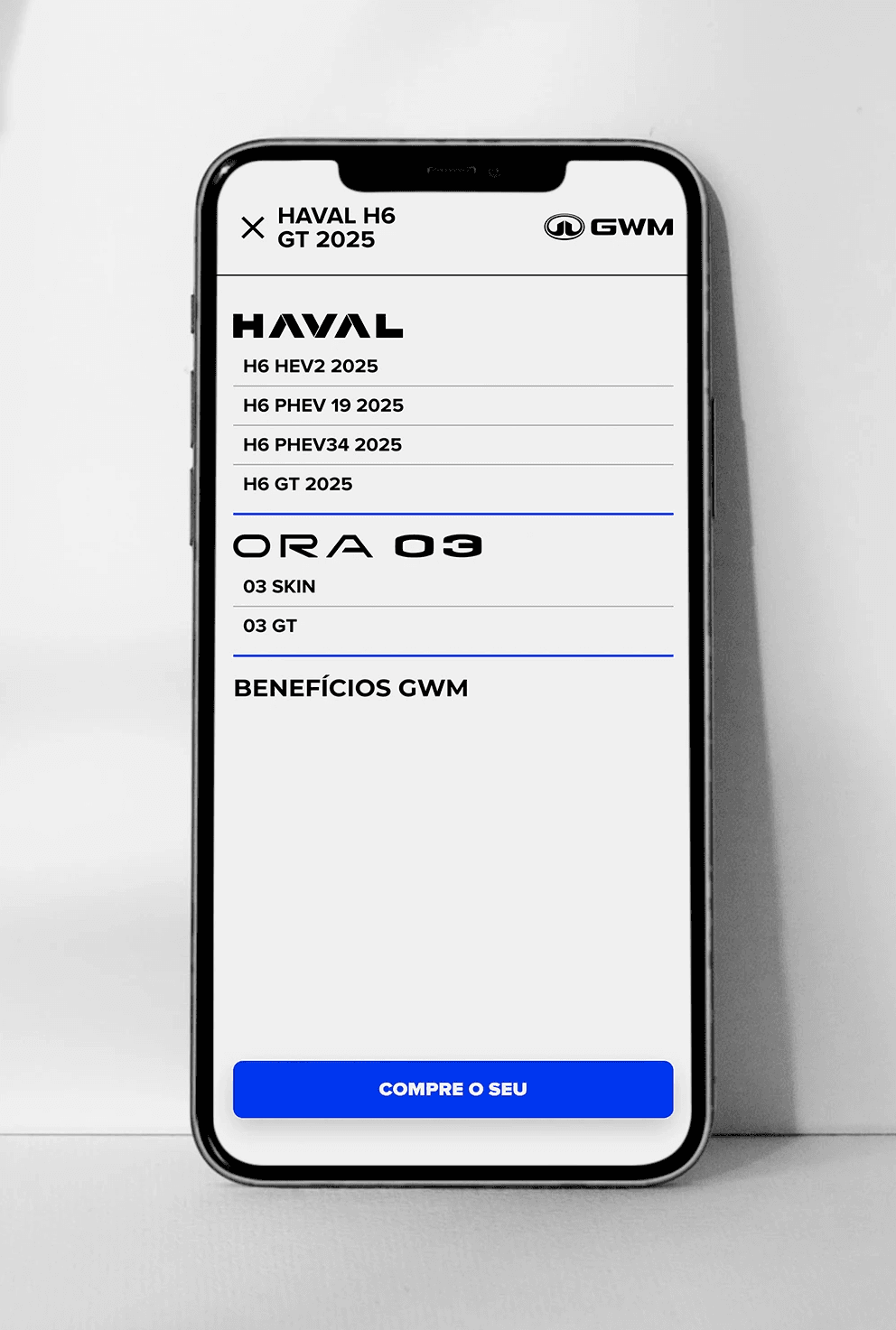 Car model menu on mobile