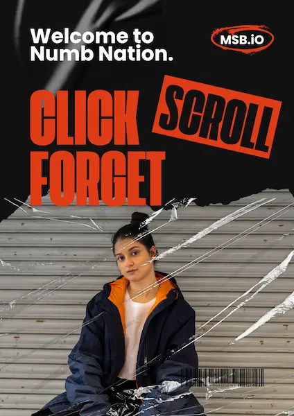A young woman sits behind a cracked digital screen, symbolizing digital amnesia and the 'click, scroll, forget' culture in modern life. Cover of a mini-magazine by Heroes’ Club exploring mindfulness and technology.