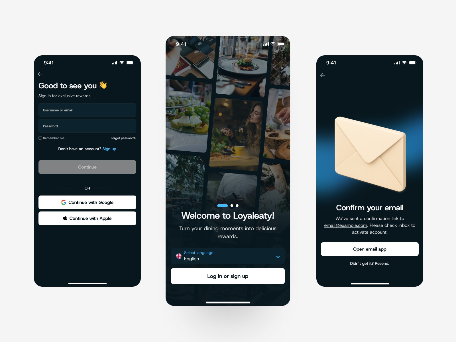 Sign-up flow of Loyaleaty loyalty app for restaurants – product design by Miodrag Vulićevic