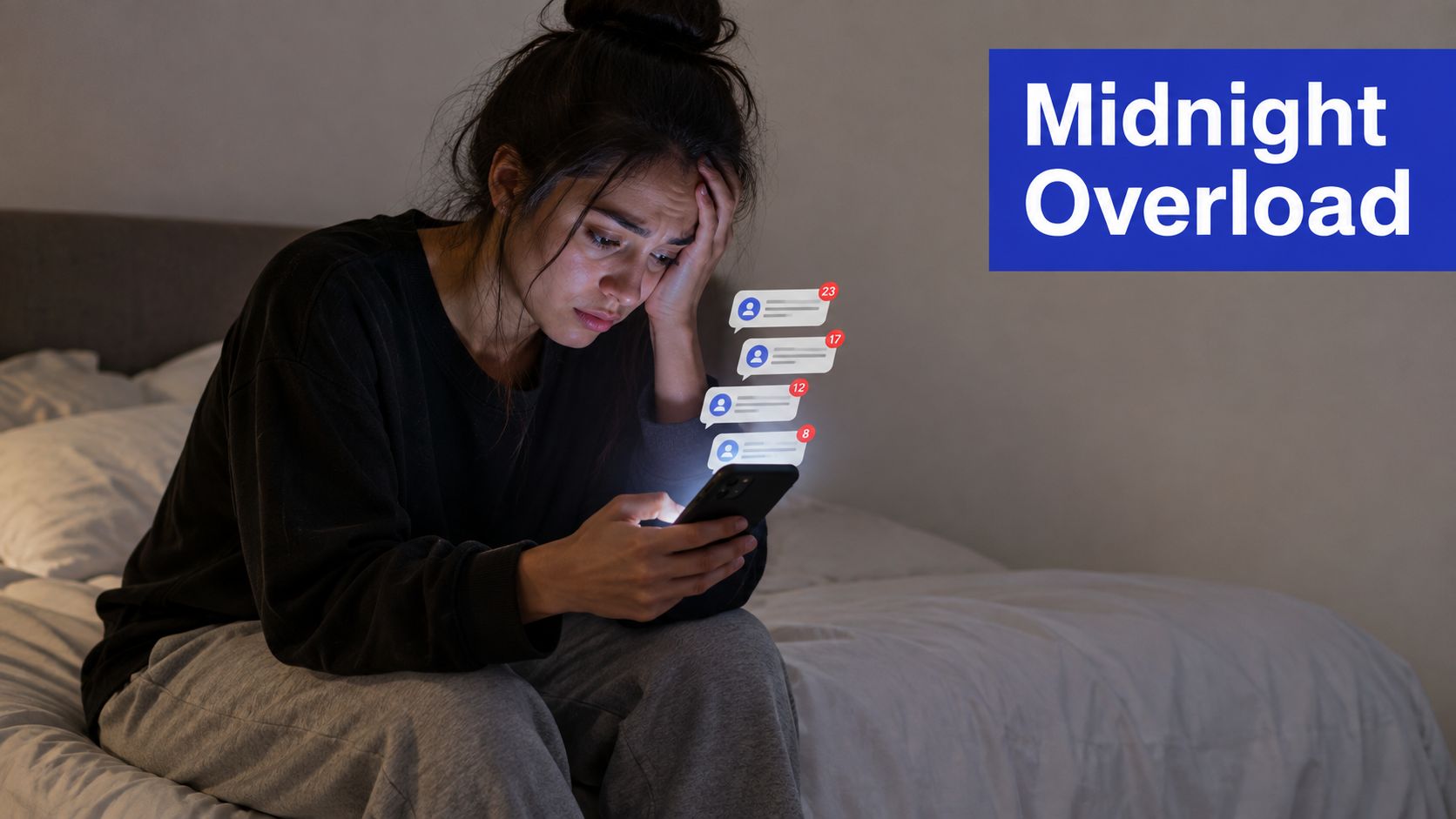 A distressed woman looking at her glowing smartphone in a dark bedroom with social media notifications floating.