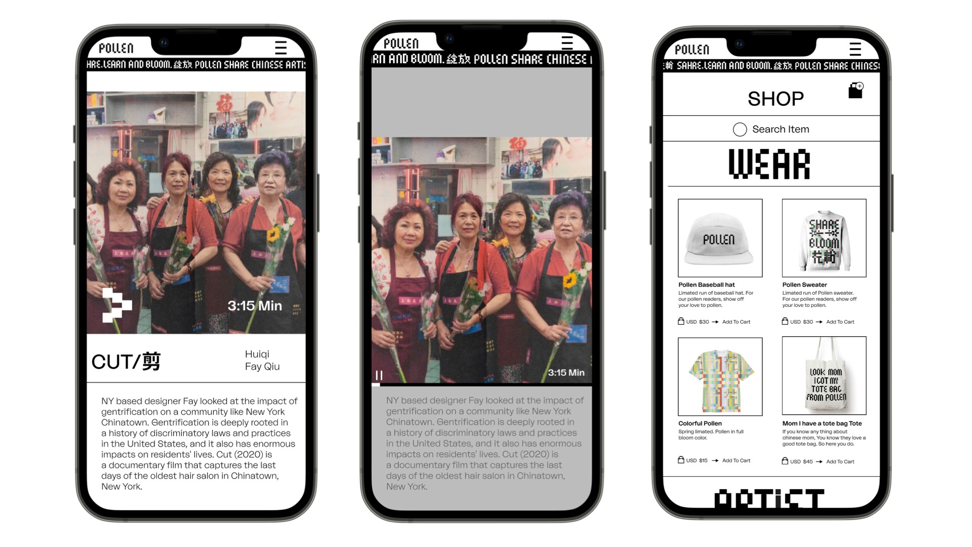 Three smartphones display the Pollen app interface. The leftmost phone shows a photo of five women holding flowers. The center phone displays a description of the app’s design, highlighting its focus on community and gentrification. The rightmost phone showcases the app’s interface with product images and pricing details.