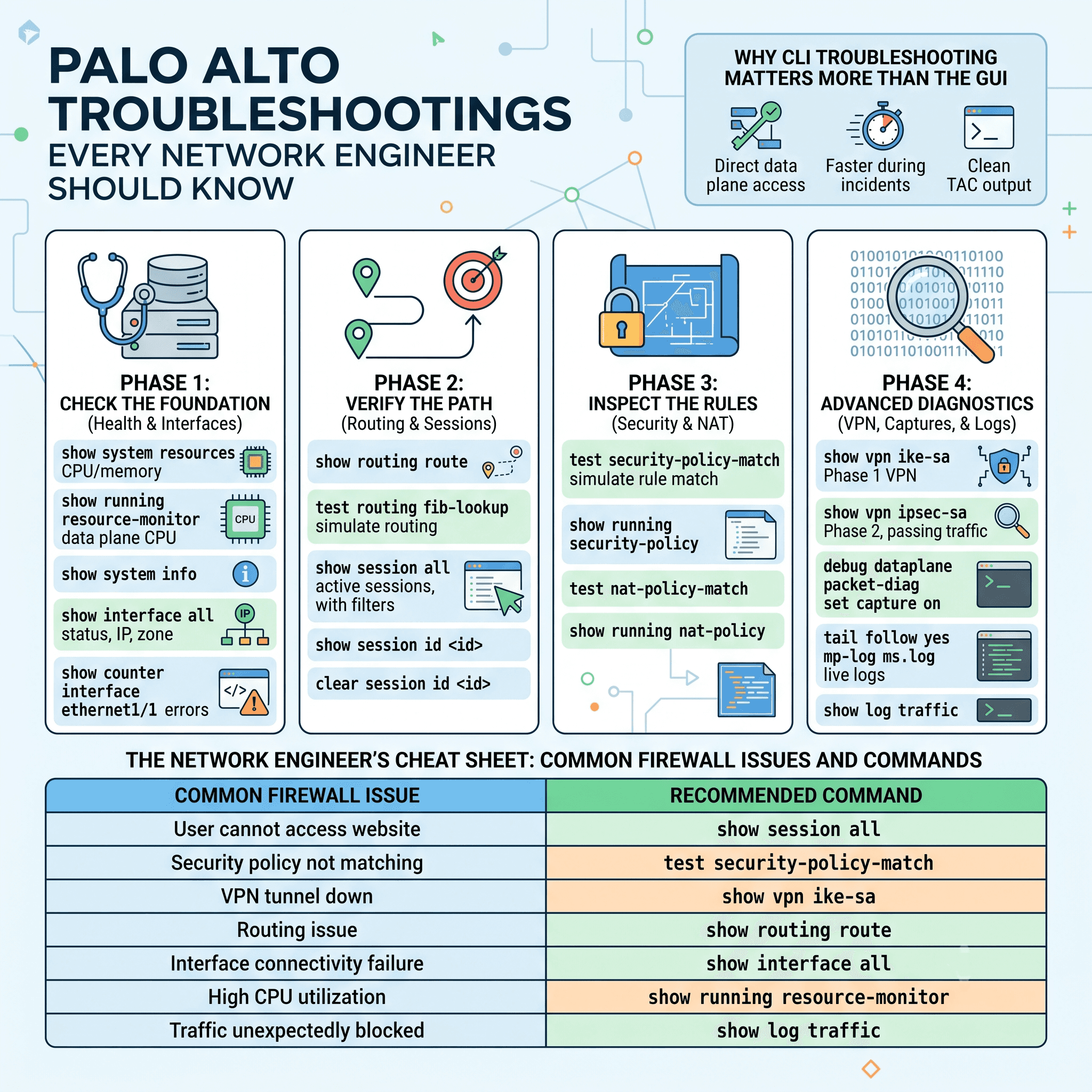 Palo Alto troubleshooting commands cheat sheet for network engineers showing CLI commands for system health, routing, sessions, security policies, VPN troubleshooting, NAT, packet captures, and logs.