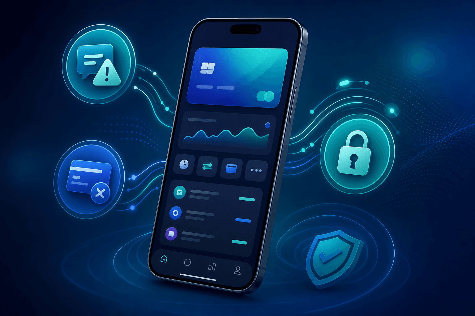 A sleek digital illustration of a modern neobank mobile app interface on a smartphone, surrounded by floating icons representing transaction disputes, credit card declines, and account security locks, with abstract data flow lines connecting them, set against a deep blue and teal gradient background, professional fintech aesthetic